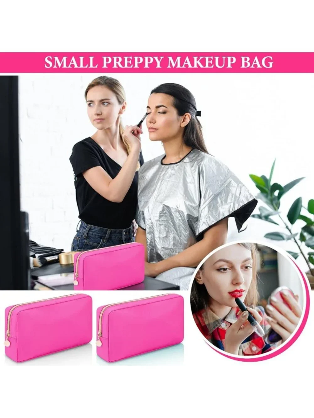 4 Pcs Waterproof Nylon Makeup Bags Set - Travel Toiletry Organizer, Hot Pink